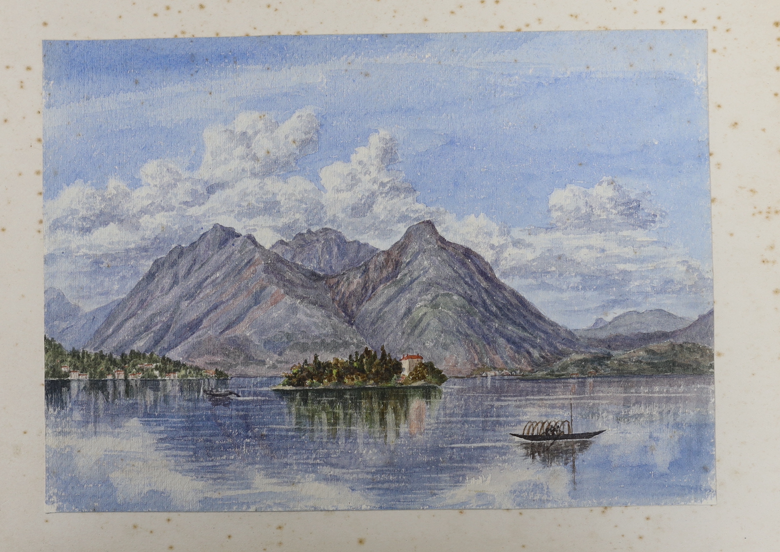 A late 19th / early 20th century album of watercolours and ink sketches, predominantly landscapes, including Torquay, Glasgow, table mountain, South Africa, Suez Canal and the Arabian coast, 36 x 30cm